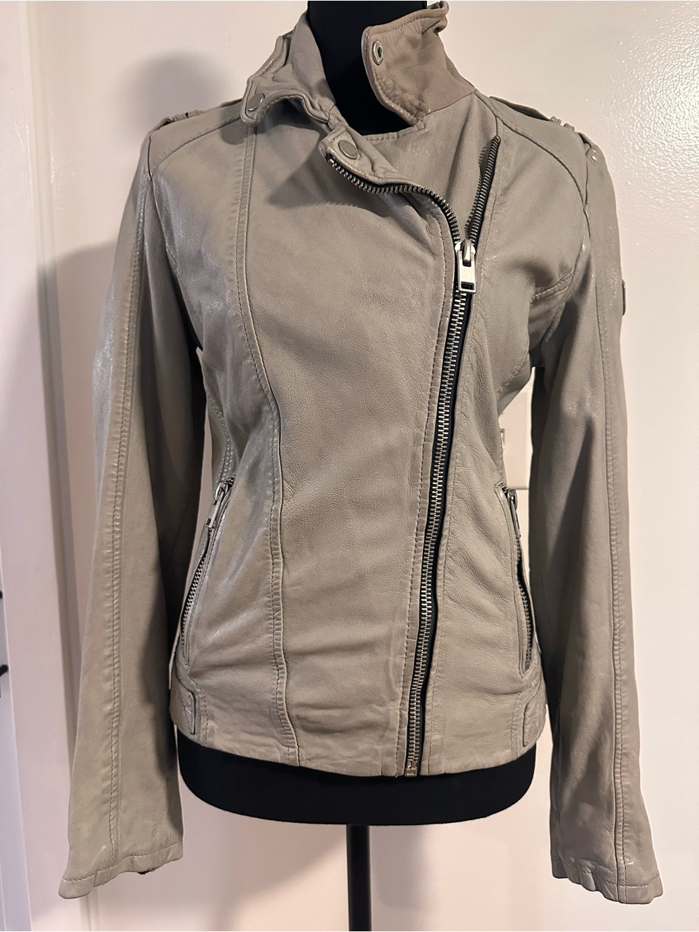Women's Taupe Leather Moto Jacket with Asymmetrical Zip